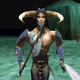 A horned warrior approaches a player carrying a sword in a dark cave.